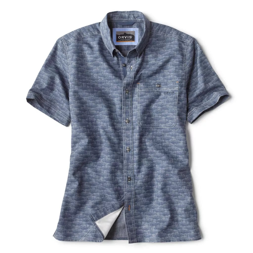 Tech Chambray Printed Short Sleeve- Blue Chambray School Of Fish